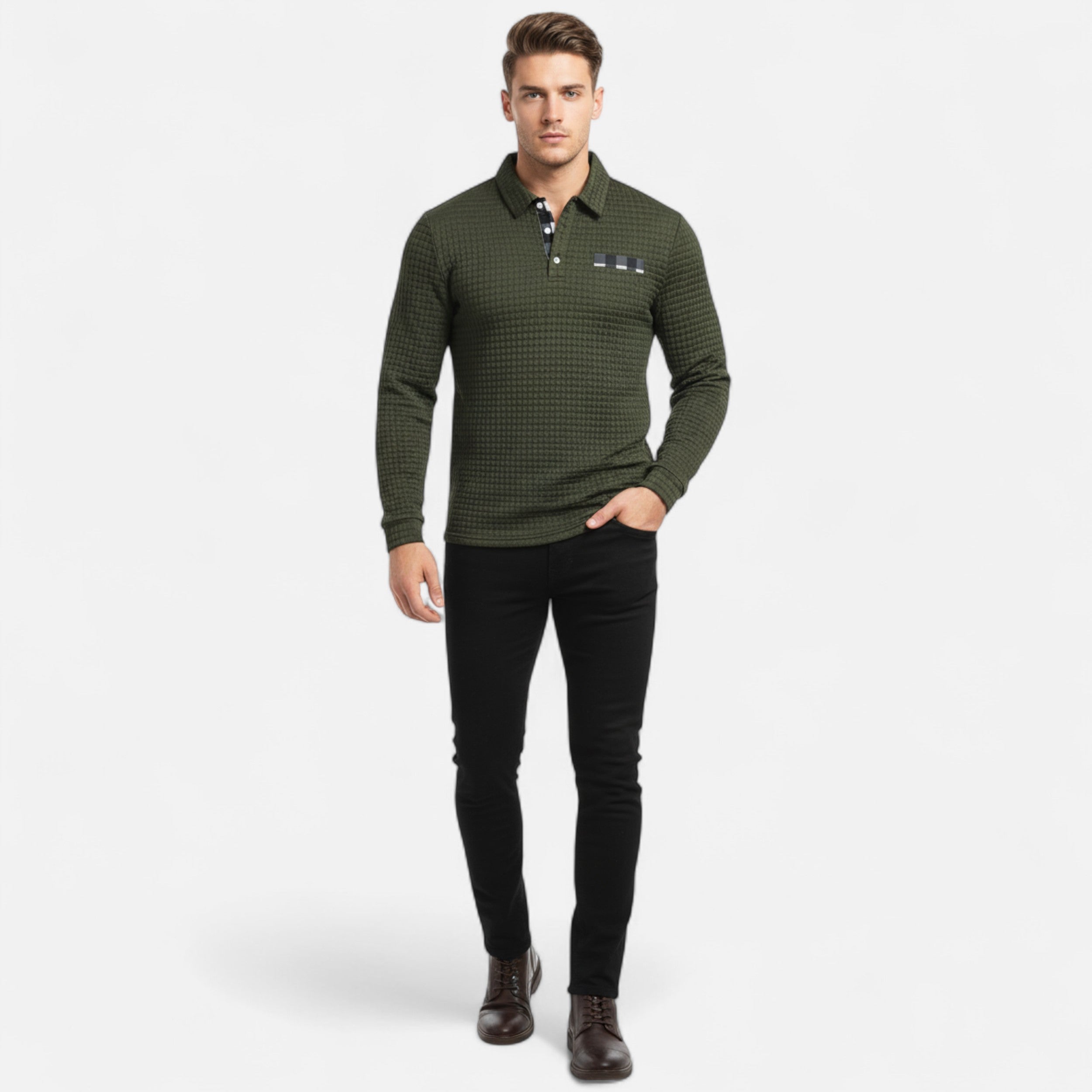 Savora Mode | Men's Casual Thick Knit Button-Up Shirt - Digital Print Grid